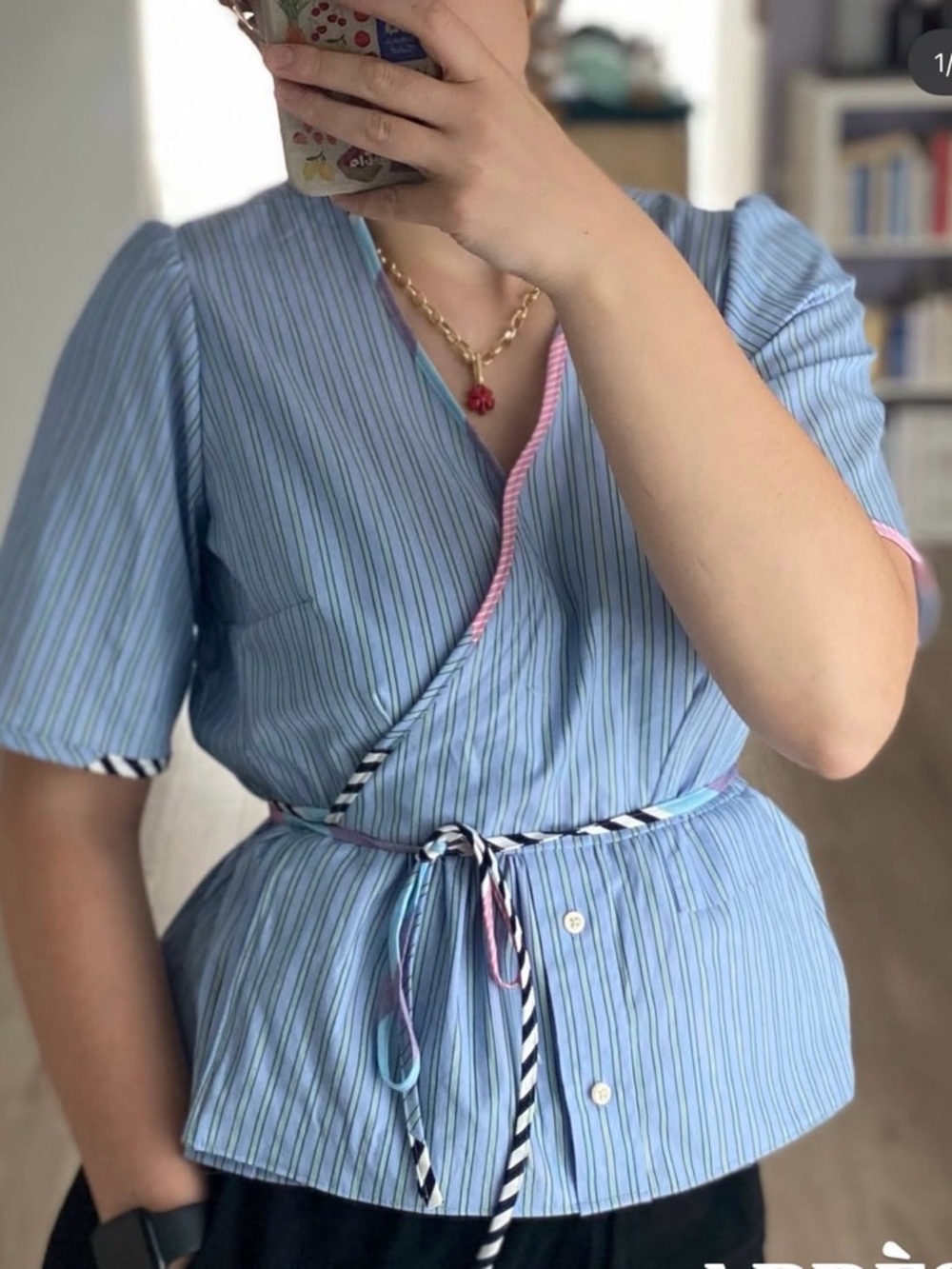 Striped Blue Wrap-Style Women's Top - one of a kind thrift flip